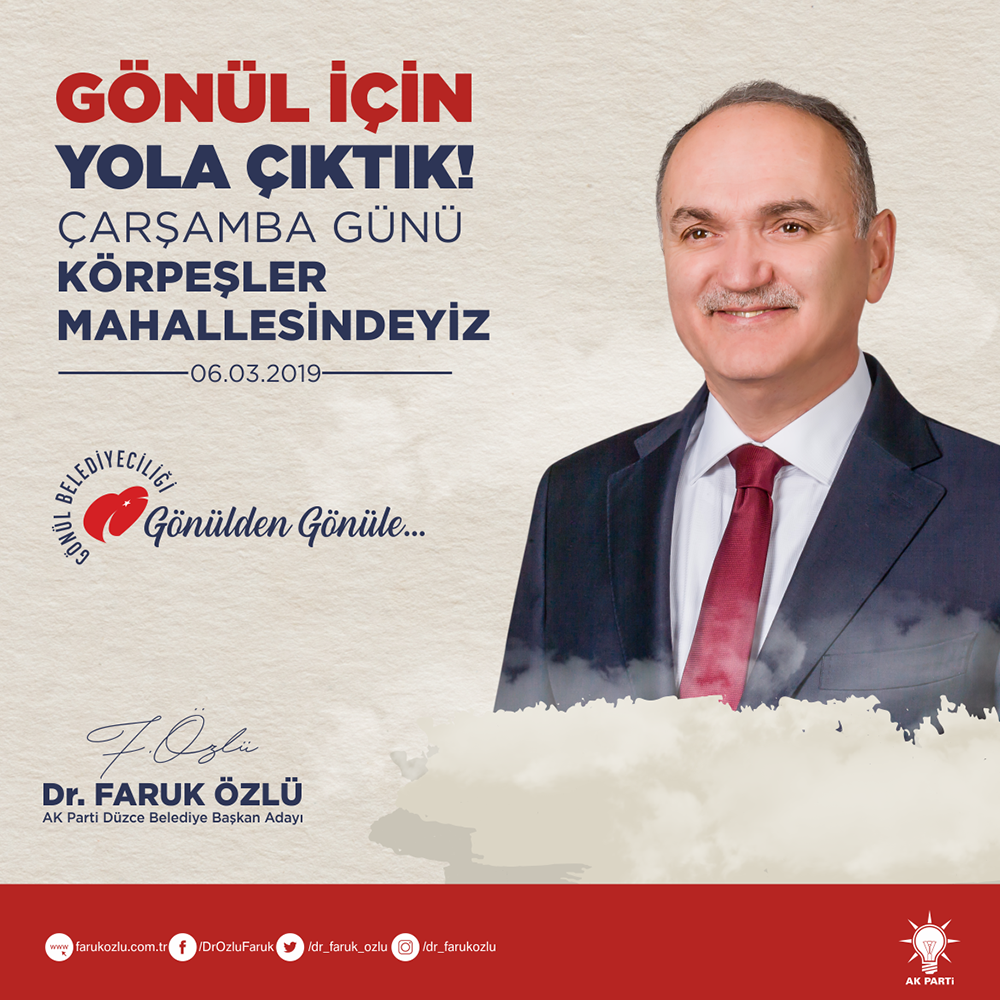 AK Parti Düzce Belediye Başkan Adayı Dr. Faruk Özlü'nün mahallelere yaptığı gezi programları için paylaşım serisi hazırladık.