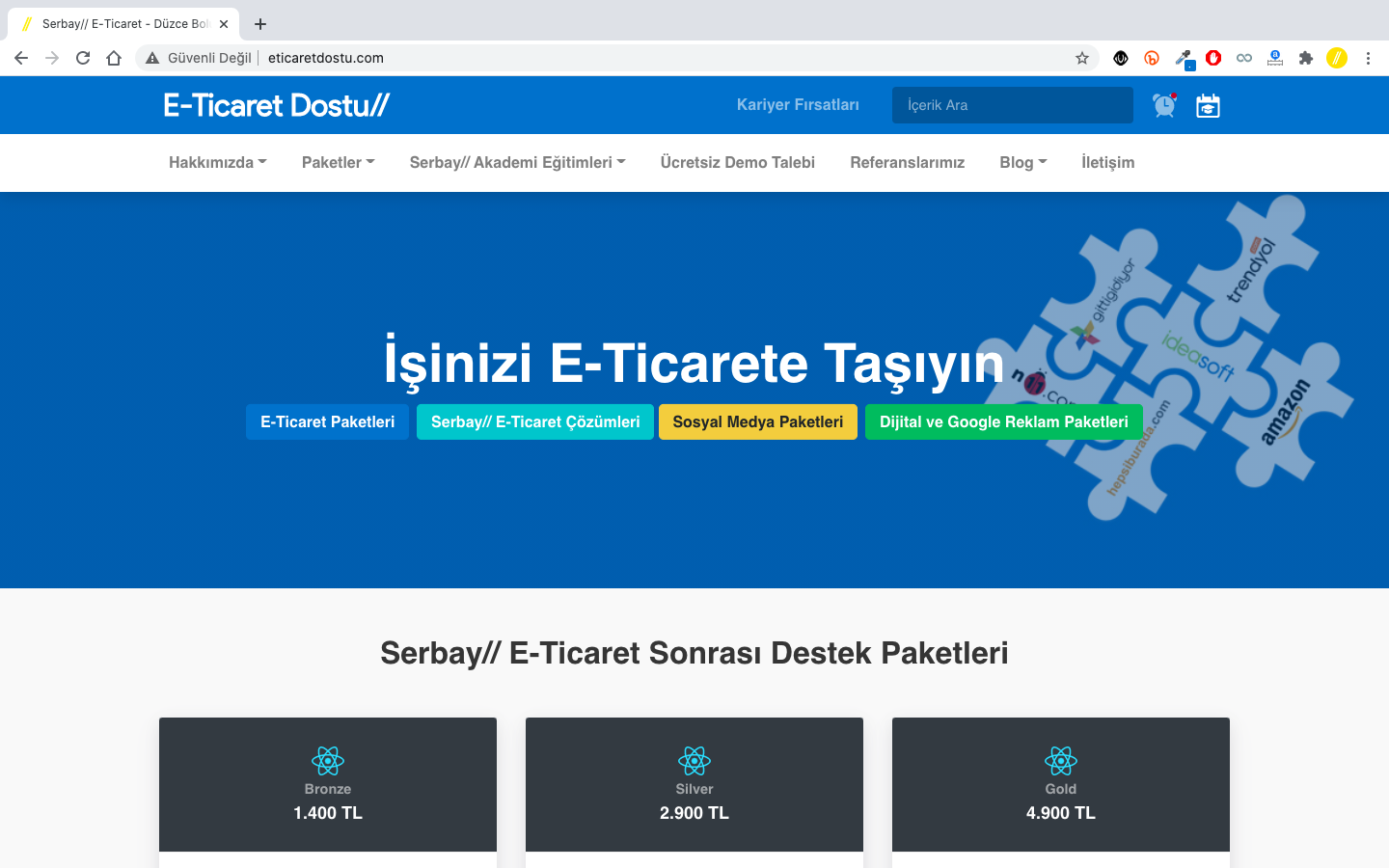 E-Ticaret Dostu adında oluşturduğumuz bu platformda E-Ticaret Paketleri, E-Ticaret Sonrası Destek Paketleri, Sosyal Medya Paketleri, Dijital ve Google Reklam Paketlerimizi bulabilirsiniz.